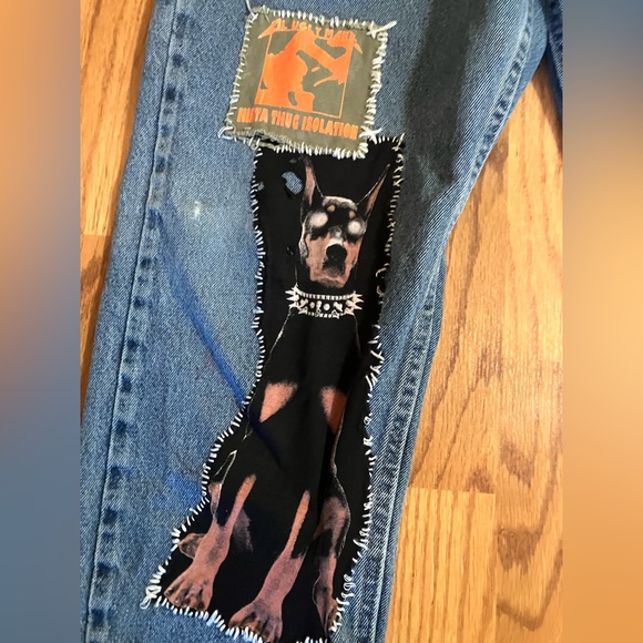 Hand Sewn Patched Baggy Jeans Wrangler Brand Waist: 36 Length: 30ish - Picture 3 of 5